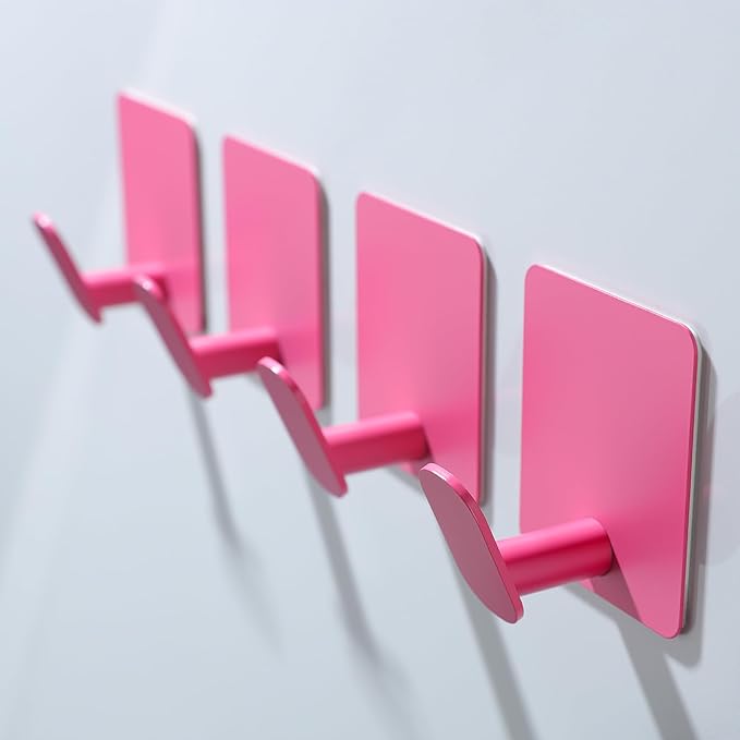 DELITON 4 Pack Hooks for Wall - Cute Kids Wall Hook Adhesive Coat Robe Towel Hooks for Bathrooms Kitchen Heavy Duty Stainless Steel, Pink