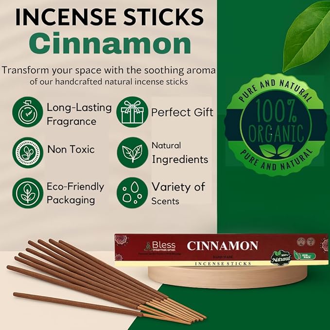 Bless-Cinnamon 100%-Natural-Handmade-Hand-Dipped-Incense-Sticks Organic-Chemicals-Charcoal-Free Purification-Relaxation-Positivity-Yoga-Meditation Best-Woods-Scent (100 Sticks(5.25 OZ))