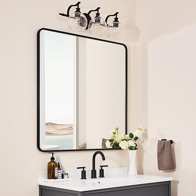 ANDY STAR 36X36 Inch Square Black Bathroom Mirror, Matte Black Vanity Mirrors for Wall, Rounded Square Mirror for Bathroom, Seamless Tube Metal Frame, 1’’ Deep Wall Mounted Vertical/Horizontal