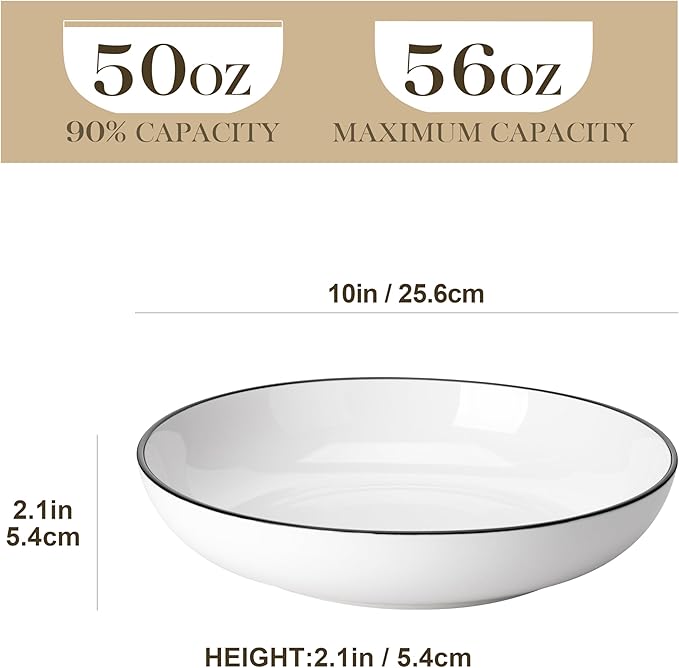 MALACASA 10" Large Pasta Bowls, 56 OZ White Salad Bowls Soup Bowls, Porcelain Serving Bowls Set of 4, Ivory White & Black Rim, Microwave & Dishwasher Safe, Series REGULAR