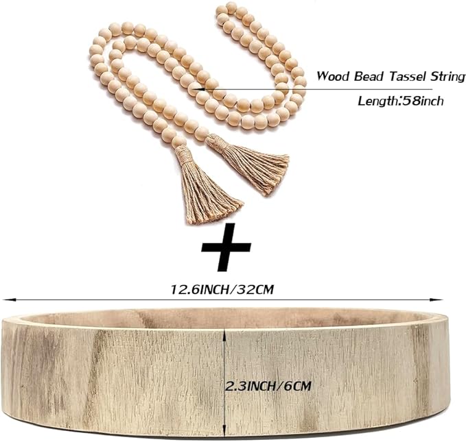 12.6" Wooden Round Hand-Carved Tray and A Wood Bead Tassel String Decorative Centerpiece Paulownia Real Wood Serving Trays Wedding Farmhouse Decoration,Natural