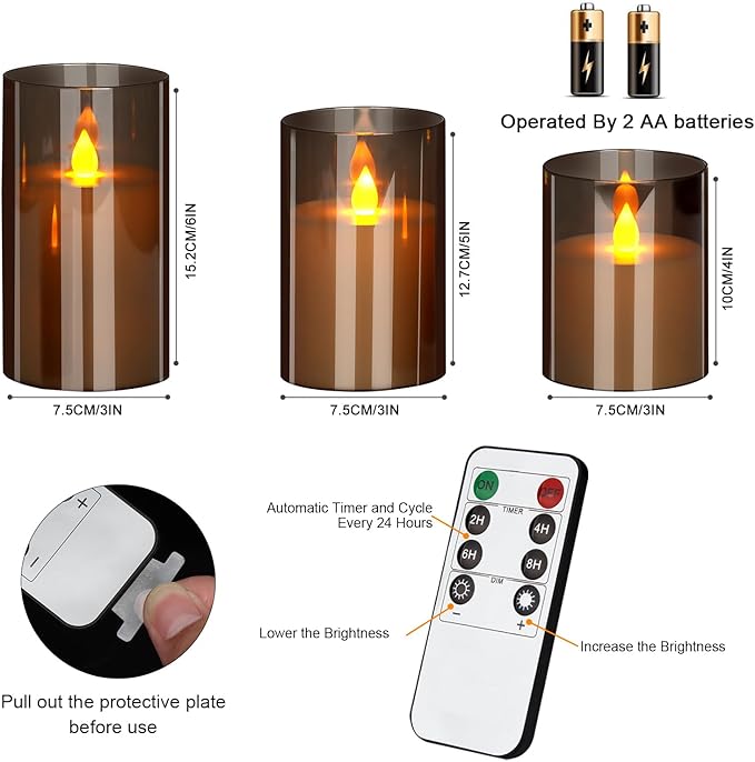 Flameless Candles 4" 5" 6" Acrylic Glass Pillars 3" Diameter Battery Operated Flickering Candles Include Remote with 24Hour Timer Function 400+ Hours by 2 AA Batteries (Gray, Warm Light 12 Pack)