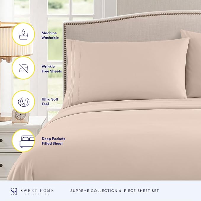 Split King Sheets - Breathable Luxury Sheets with Full Elastic & Secure Corner Straps Built In - 1800 Supreme Collection Extra Soft Deep Pocket Bedding Set, Sheet Set, Split King Size, Beige
