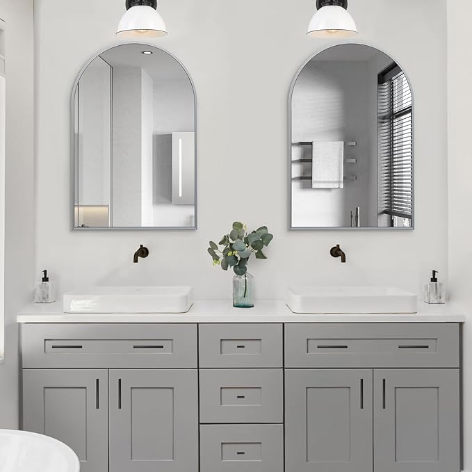 20" x 30" Silver Arched Mirror, Modern Aluminum Alloy Metal Frame, Arch Bathroom Vanity and Wall Decor Mirror for Bathroom, Living Room, Bedroom, Entryway