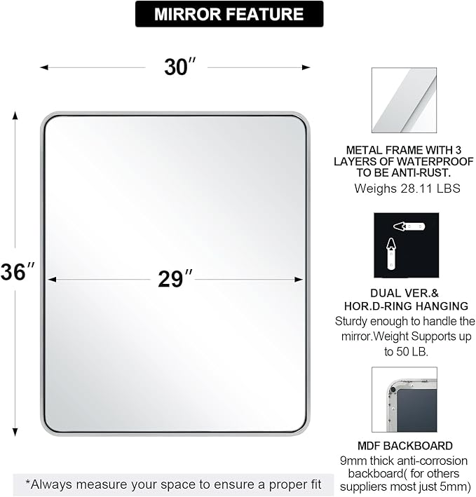 ANDY STAR Chrome Bathroom Mirror, 30x36’’ Rounded Rectangle Mirror Polished Silver Bathroom Vanity Mirror Metal Framed, SUS304-Anti-Rust, Tube Frame, Wall-Mounted Horizontal/Vertical 1’’ Deep