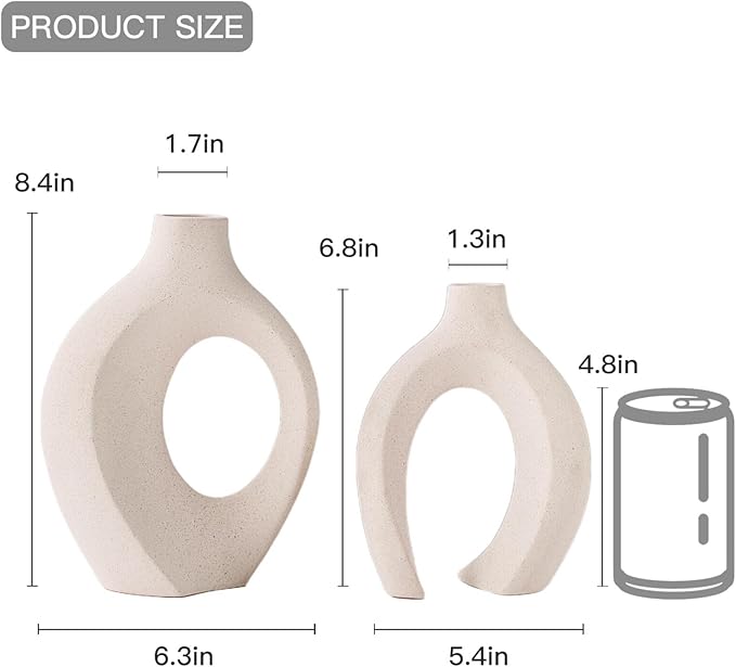 Levvohd Off White Hollow Ceramic Vase Set of 2, Round Modern Vase for Nordic Minimalist Book Style Shelf Decor, Donut Boho Aesthetic Vases for Trendy Home Living Room Entryway Coffee Table Decorative