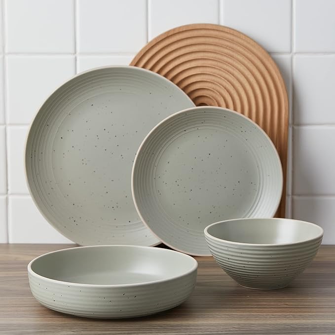 Stone Lain Lauren Stoneware, Rustic Plates and Bowls Set, Dinnerware, Service for 8, Speckled Green, Dishwasher & Microwave Safe, 32-Piece