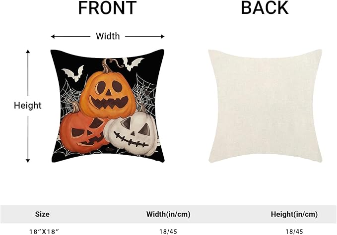 Halloween Pillow Covers 18 x 18 Inch, Burnt Orange Yellow Grey Pumpkin Decor Throw Pillows for Home Couch Bed, Black Cream Spider Web Bat Fall Decorative Pillowcase Linen Cushion Cover Set of 2