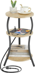 Small Round Side Table with Charging Station, 3-Tier Waist Circular End Table with Storage Shelf, Compact Tea Sofa Side Table Small Spaces, Round Corner Coffee Table for Living Room Bedroon,Oak