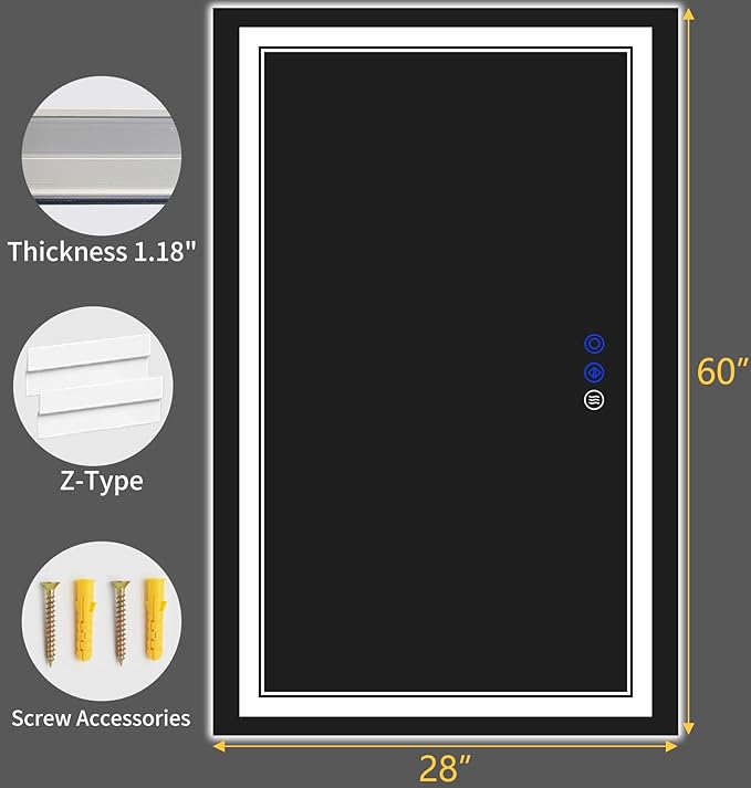 60"x28" LED Bathroom Mirror with Anti-Fog, Stepless Dimmable Lights, 3 Color Modes, Shatter-Proof Tempered Glass, Memory Function & Waterproof Design