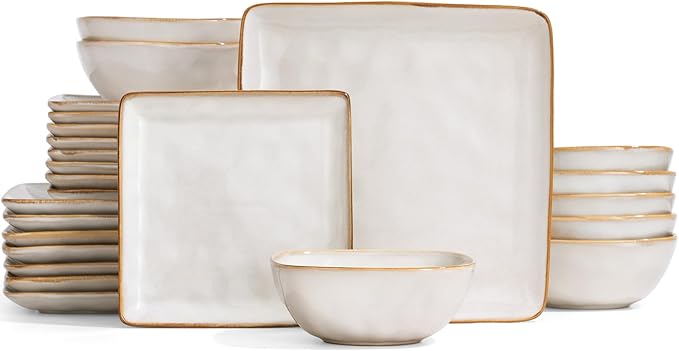 Famiware Dinnerware Sets for 8, Ocean Square 24-Piece Kitchen Plates and Bowls Sets, Microwave and Dishwasher Safe, Scratch Resistant, Cappuccino White