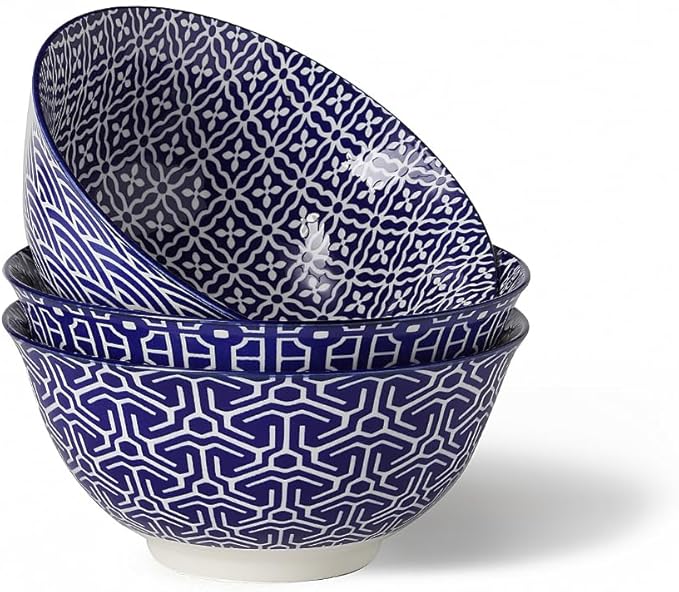Salad Soup Bowls, Blue and White Serving Bowls for Pho, Pasta Rarmen, 48 Oz Large Ceramic Bowls for Kitchen, Set of 3, Microwave & Dishwasher Safe