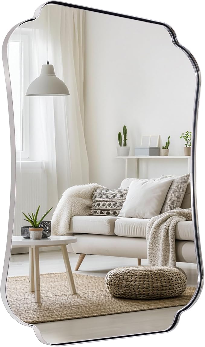 ANDY STAR 24"x36" Brushed Nickel Mirror, Scalloped Bathroom Wall Mirror with Metal Frame for Vanity, Vintage Design Ideal for Entryway, Living Room & Bedroom Decor