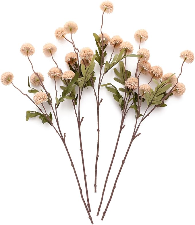 Laelfe Fall Flowers Artificial Pompon Mum, 5Pcs Fake Kiku Flowers Silk Small Mini Chrysanthemum Ball Faux Mum Decor for Autumn Filler DIY Bouquet Centerpieces Arrangements Shower(Beige)