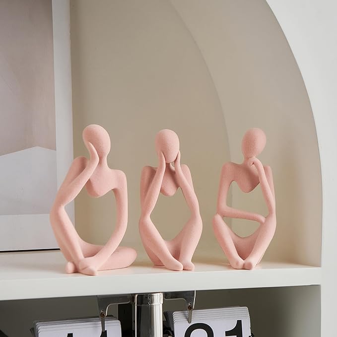 FJS Thinker Statue Shelf Decor - Velvet Collectible Figurines Living Room Decor, Modern Sculptures Home Decorations for Bookshelf Coffee Table Office (Pink Velvet)
