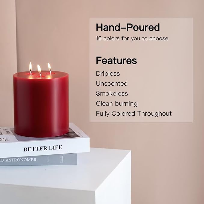 MOZEAL Extra Large 3 Wick Dark Red Pillar Candle, 6" x 6", Unscented, Dripless, Smokeless, and Clean-Burning. Approx. 80 Hours of Burn Time. Perfect for Weddings, Dinners, Christmas and Home Decor