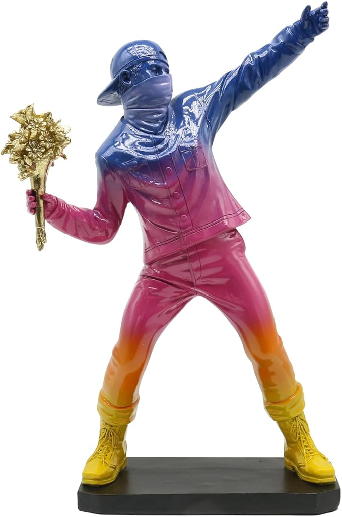 POTAMI Banksy Flower Thrower Sculpture 15.75 inch Graffiti Art Statue with Gold Bouquet Replica Gradient Color Accent Inspirational Home Decor Shelf Gift,Cool Stuff to Put on Shelves