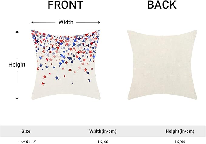 4th of July Pillow Covers 16 x 16 Inch, Red Blue White Patriotic Star Outdoor Decor Throw Pillows for Couch Bed, Independence Day Memorial Day Decorative Pillowcase Linen Cushion Cover Set of 2