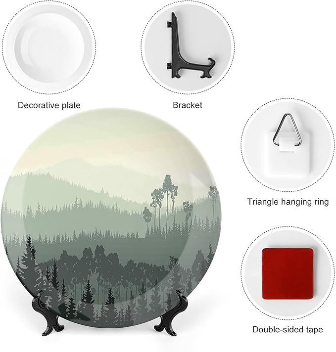 XISUNYA 10 Inch Decorative Plate, Landscape Tableware Plate, Panorama of Valley and Misty Forest of Pine Trees Print Ornament Display Plate Decor Accessory for Dining, Parties, Wedding