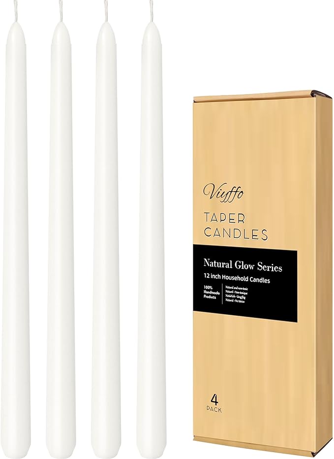 Viyffo Taper Candles 12 Inch – 4 Pack White, Dripless, Unscented, Smokeless – 9 Hour Burn – Tall Candlesticks for Wedding, Dinner, Holiday, Party, Home Decor