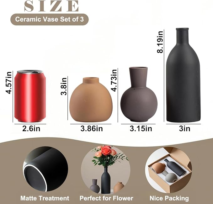 Modern Ceramic Vase Set of 3, Decorative Flower Vases for Home, Multicolor Pottery Vases for Living Room, Kitchen, Bedroom, Shelf, Rustic Farmhouse (Blue Black)