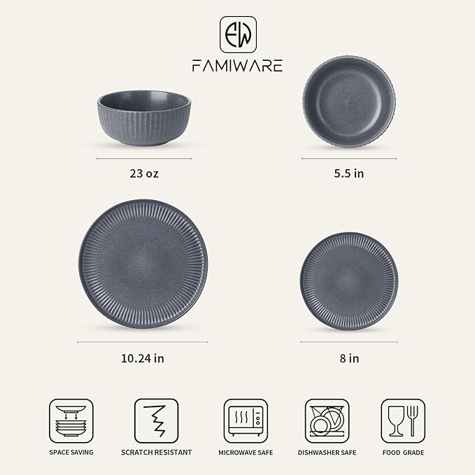 Famiware Starlight Dinnerware Sets, Plates and Bowls Dish Set of 8 (24 Pieces), Ribbed Textured Tableware - Dishwasher & Microwave Safe, Chip Resistant, Reactive Glaze, Matte Midnight Grey
