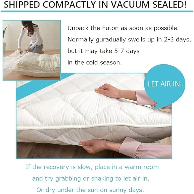 EMOOR Japanese Futon Mattress CLASSE & Fitted Sheet PRESSO Full (55x79in) Made in Japan, Cotton (White) Foldable Floor Sleeping Bed Tatami Mat