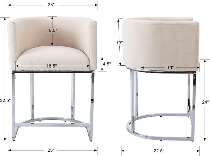 Modern Counter Height Linen Upholstered Bar Stool, 24" Kitchen Counter Island Stool Bar Chairs with Chrome Finish Metal Frame for Kitchen Island, Cream