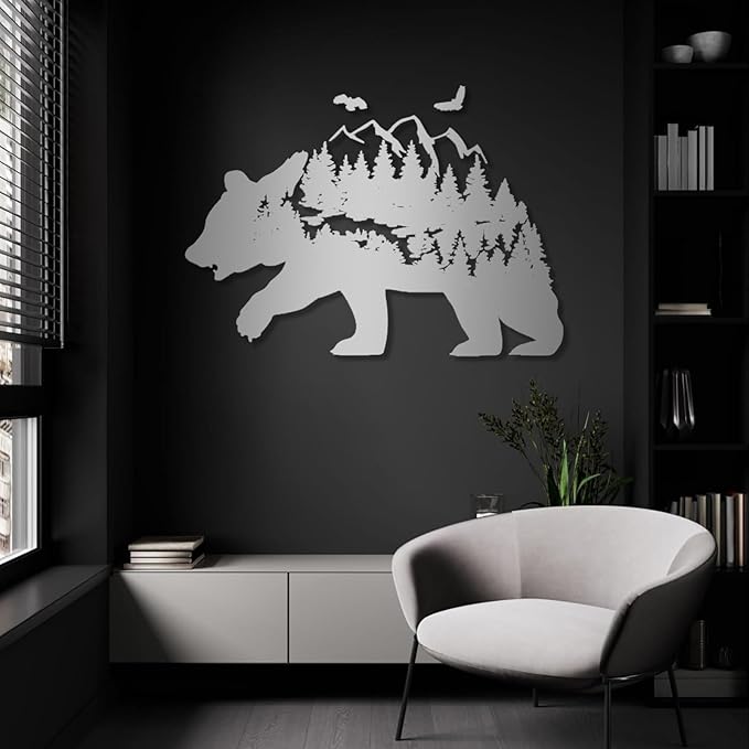Metal Bear Wall Decor, Mountain And Forest Metal Wall Art, Nature Landscape Decor, Bear Wall Art, Metal Mountain Range, Scandinavian Decor, Large Metal Art Wall Decor, Housewarming Gift (26"x41"|67x105cm, Silver)