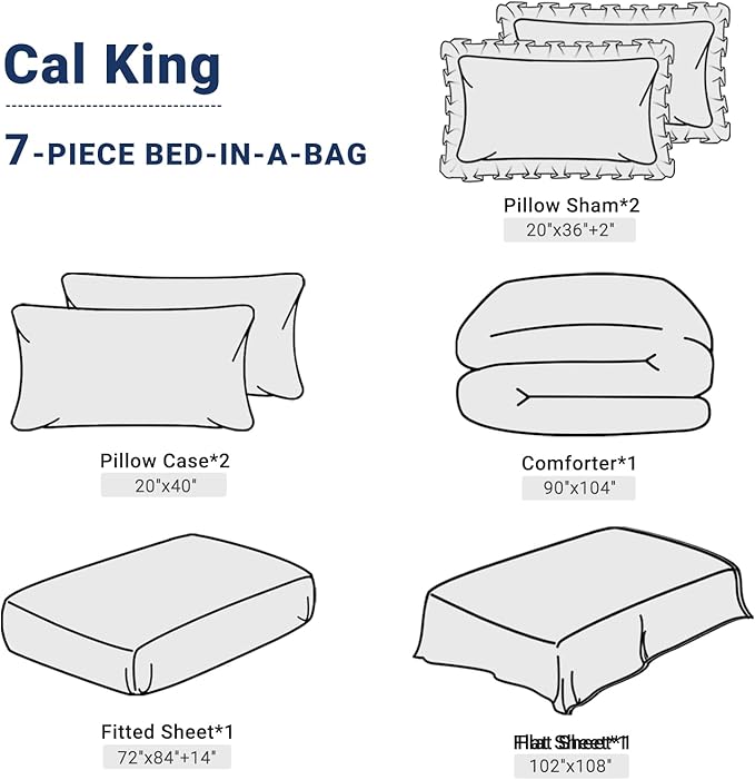 JOLLYVOGUE Navy Blue Cal King Size Comforter Sets 7 Pieces, Pintuck Bed in a Bag Comforter Set for Bedroom, Bedding Comforter Sets with Comforter, Sheets,Ruffled Shams & Pillowcases