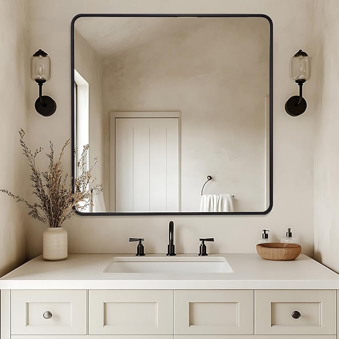 ANDY STAR 36X36 Inch Square Black Bathroom Mirror, Matte Black Vanity Mirrors for Wall, Rounded Square Mirror for Bathroom, Seamless Tube Metal Frame, 1’’ Deep Wall Mounted Vertical/Horizontal