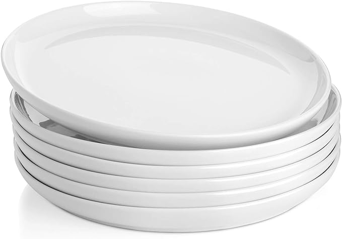 Sweese 10 Inch Porcelain Dinner Plates, White, Set of 6 - Microwave, Oven, Dishwasher Safe, Scratch-Resistant