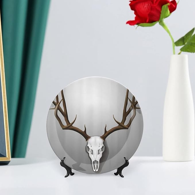 XISUNYA 10 Inch Decorative Plate,Antler Decor Ceramic Craft, Deer Skull with Large Horns Elk Skeleton Print Ornament Display Plate Decor Accessory for Dining, Parties, Wedding
