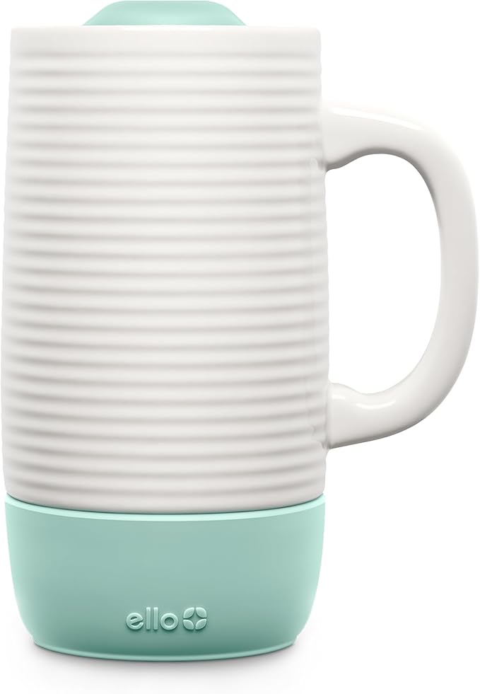 Ello Jane 18oz Ceramic Travel Mug with Handle, Splash-Resistant Slider Lid and Built-in Coaster, Perfect for Coffee and Tea, BPA Free, Dishwasher Safe, Holiday Gift Her Him, Yucca