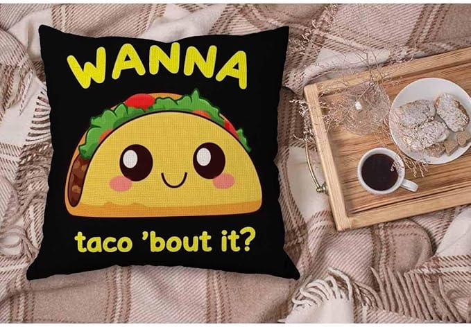 WONDERTIFY Throw Pillow Case Cover Taco with Letter Wanna Taco About It Yellow Black - Soft Linen Pillow Case for Decorative Bedroom/Livingroom/Sofa/Farm House -Cushion Covers Couch Pillow 18x18 Inch
