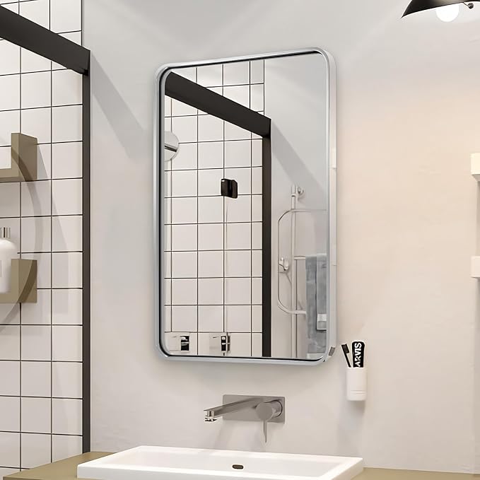 ANDY STAR 24x32 INCH Chrome Mirrors for Bathroom, Polished Nickel Bathroom Mirror, Rounded Rectangle Mirror, Anti-Rust SUS304, Tube Metal Frame, 1’’ Deep Wall Mounted Vertically/Horizontal