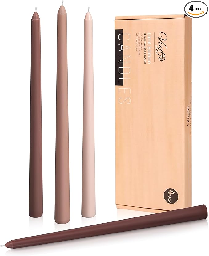 Viyffo Brown Taper Candles 4 Pack Unscented 12 Inch Tapered Candle Sticks 8 Hours Burn Time Smokeless, Household, Wedding, Party, and Home Décor Candlesticks