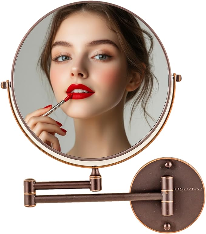OVENTE 9" Wall Mounted Makeup Mirror with 1X/10X Magnification, Double Sided Magnifying Round Bathroom Vanity Mirror, 360° Swivel Design, Extendable and Folding Arm, Antique Bronze MNLFW90ABZ1X10X