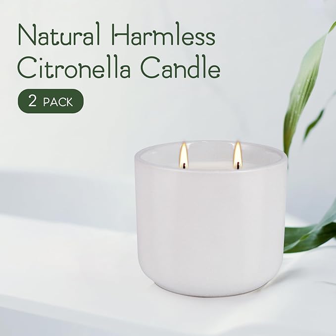 2-Pack Large Citronella Scented Candles - White Ceramic Double-Wick, Natural Soy Wax, Decorative Geometric Jar for Patio, Garden & Outdoor Decor