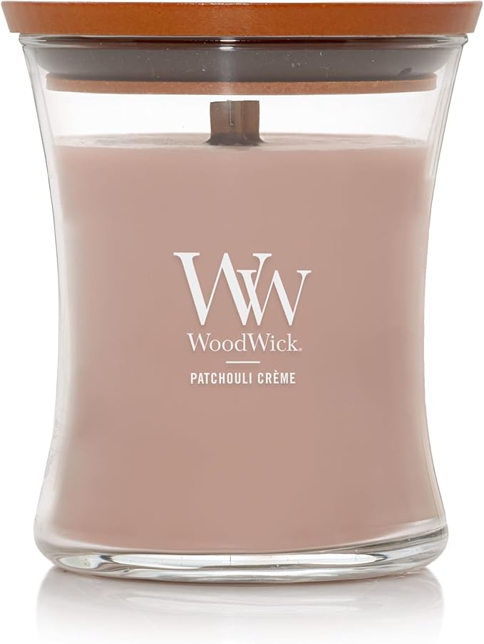 WoodWick Patchouli Crème Medium Hourglass Candle, Crackles as it Burns, Up to 65 hrs Burn time, Perfect for Gifting, 9.7 oz