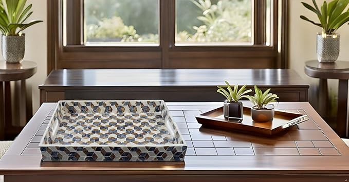 PEMAR Rectangular Mother of Pearl Serving Tray Coffee Table Ottoman Tray w Insert Handles, Luxury Decorative Handmade Eating Tray (Geometric Cube Pattern)