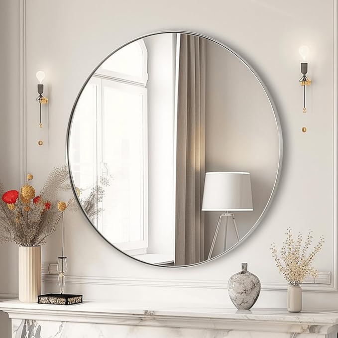 ANDY STAR Nickel Round Mirror, 26" Brushed Nickel Round Mirror, Sliver Circle Bathroom Mirrors in Stainless Steel Metal Frame 1" Deep