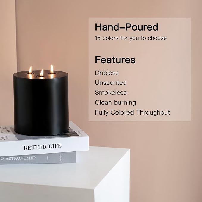 MOZEAL Extra Large 3 Wick Black Pillar Candle, 6" x 6", Unscented, Dripless, Smokeless, and Clean-Burning. Approx. 120 Hours of Burn Time. Perfect for Weddings, Dinners, Halloween and Fall Decor