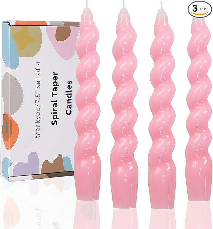 Pink Spiral Taper Dinner Candles Conical Stick Candles Wax Unscented Dinner Candle Dripless for Home Decor, Relaxation Set of 4（7.6" Baby Pink）