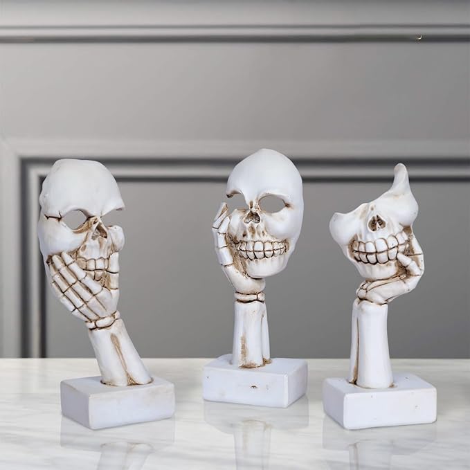 3 Pieces Face Halloween Skeleton Statue Mask Halloween Skull Figurine Home Decor 6.5”Funny Skeleton Collectible Figurines Gothic Desk Ornaments for Indoor Living room Office Table Shelf Bookshelf