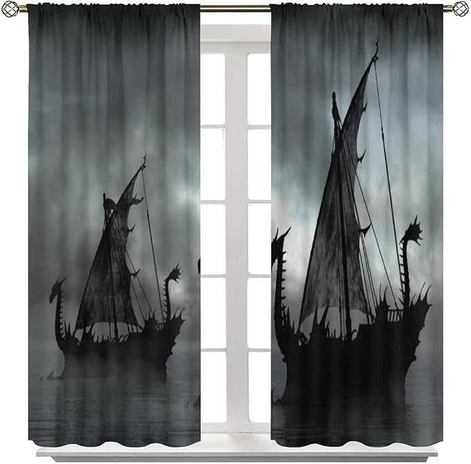 Viking Ship Blackout Curtains,Gloomy Misty Lake Landscape Fantasy Black White Color Sailing Dragon Boat Window Drapes for Boys Girls Bedroom Living Room,Norse Decor 52x84in