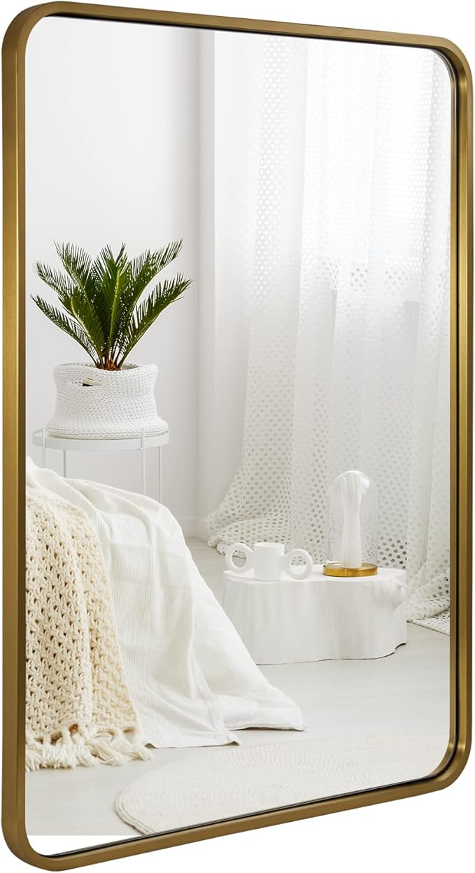 ANDY STAR 24x32 INCH Gold Bathroom Mirror, Brushed Brass Mirror, Rounded Rectangle Mirrors, Anti-Rust SUS304, Tube Metal Framed, 1’’ Deep Wall Mounted Vertically/Horizontal