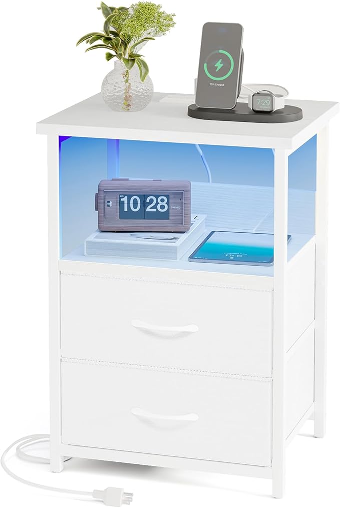 Fixwal Night Stand with Charging Station, LED Nightstand with U-S-B Ports and Outlets, 2 Fabric Storage Drawers with PU Finish, Bed Side Table, White