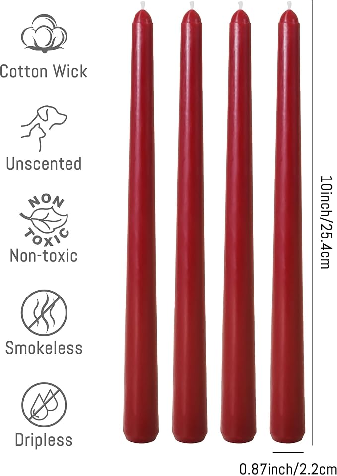 Viyffo Taper Candles 10 Inch – 12 Pack Wine, Dripless, Unscented, Smokeless – 8 Hour Burn – Tall Candlesticks for Wedding, Dinner, Holiday, Party, Home Decor