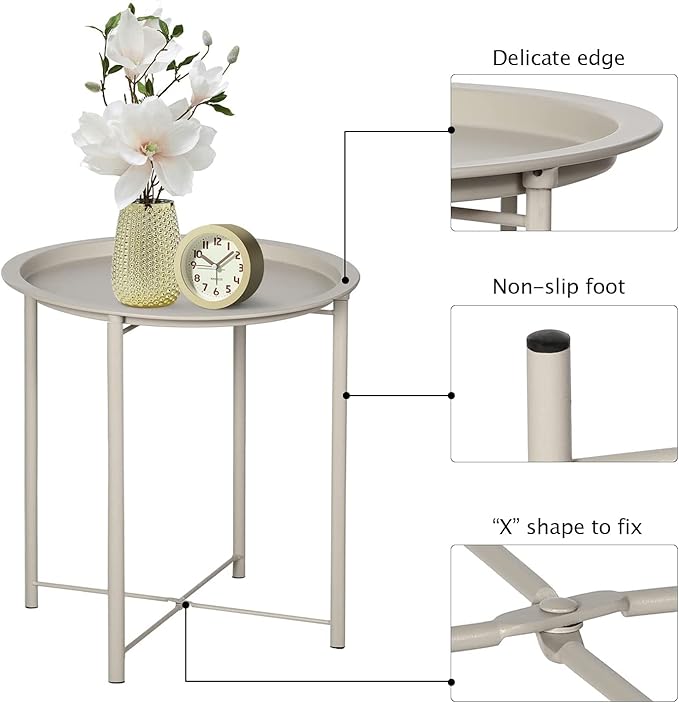 VECELO Side/End Table, Folding Round Metal Anti-Rust and Waterproof Outdoor or Indoor Tray for Living Room Bedroom Balcony and Office, 2 PCS, Grey